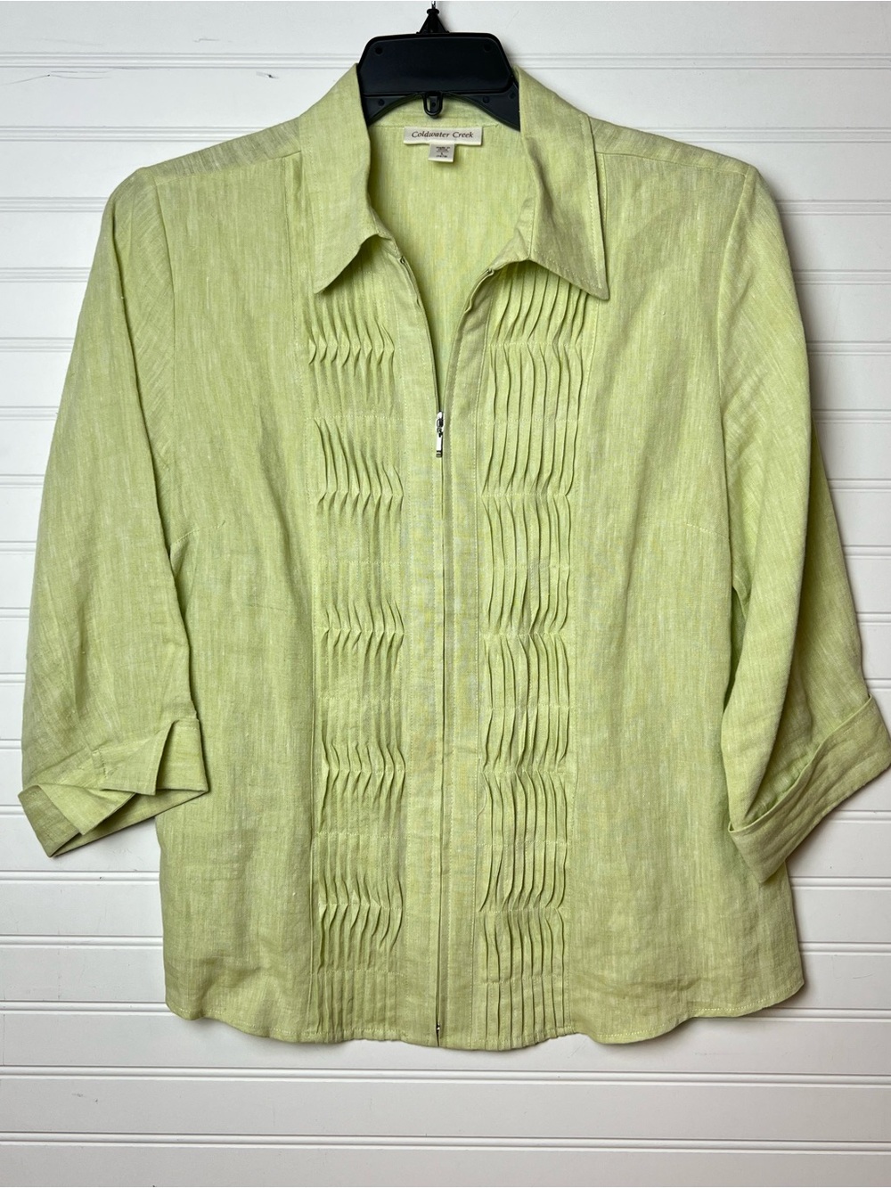 Coldwater Creek Light Lime Green Pleated Zip-Front Linen Blend Shirt Size L